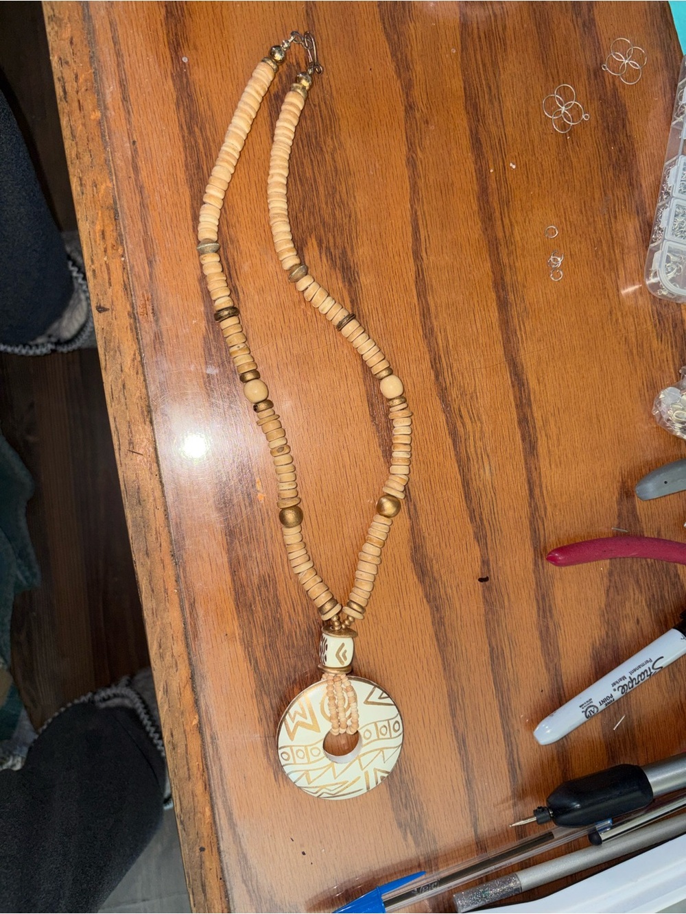Handcrafted Cream Beaded Pendant Necklace 13 3/4. Inches